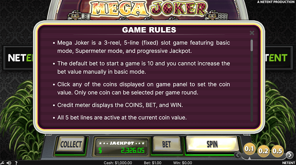 Правила видео слота Mega Joker